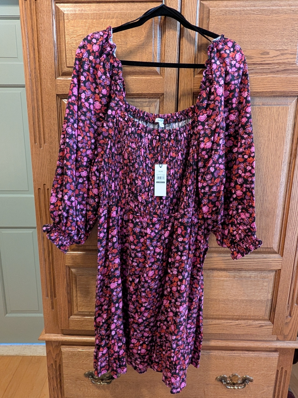 Smocked Floral Midi Dress in Pink & Black by
